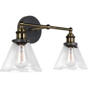 Wholesale - Indie 19" 2-Light Mid Century Modern Bathroom Light Fixture, Industrial Vanity Light Wall Sconce + Clear Funnel Flared Glass Shades, Antique Brass + Brushed Black Finish C/P 1, UPC: 665659102668